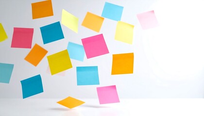Creative colorful sticky notes floating in white background studio arrangement