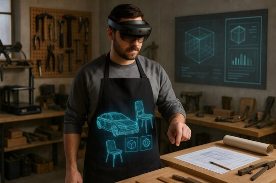 Carpenter wearing AR headset designing furniture and car using augmented reality software in his workshop