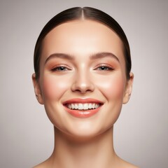 Smiling young caucasian female with natural makeup and smooth skin