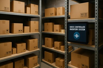 Innovative voice command system managing cardboard boxes placed on shelves in a warehouse, improving efficiency and organization