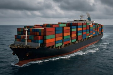 Fototapeta premium Container ship carrying colorful cargo containers navigating the sea under a dramatic cloudy sky, symbolizing global trade and logistics