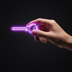 Hand holding glowing purple key on black background
