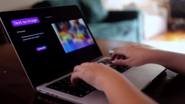 Generative artificial intelligence creating image from text prompt on laptop – AI technology innovation - Powered by Adobe