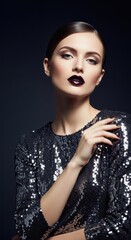 Glamorous young caucasian female model in sparkling outfit and dark lipstick