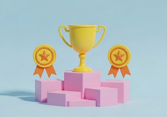 Gold trophy on podium with star medals celebrates achievement success and winning ceremony