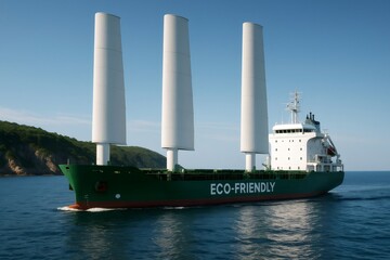 Modern cargo ship using wind power for sustainable transportation, showcasing eco friendly technology in maritime industry