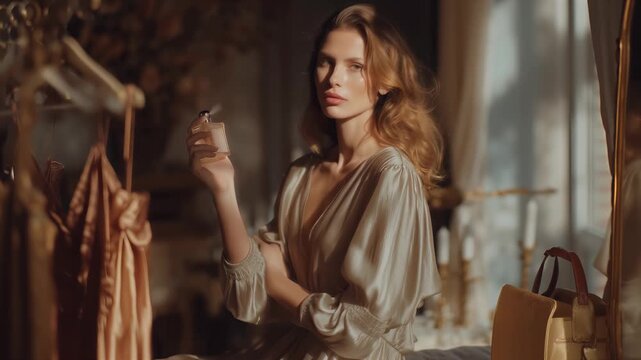Elegant perfume bottle in golden sunlight on a vintage vanity, evoking luxury, sophistication, and timeless beauty for premium commercial branding