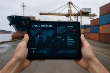 Logistics manager holding tablet displaying cargo tracking app interface, with container ship, crane and containers in background