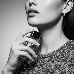 Elegant young caucasian female with perfume bottle in hand, wearing embellished dress, close-up