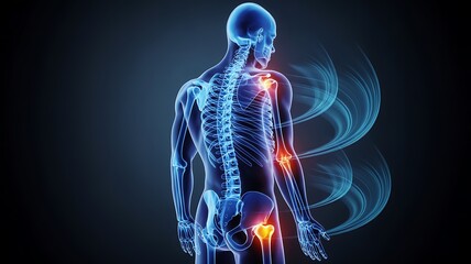 Human skeleton with glowing joints and energy waves