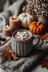 Autumn still life. A mug with cocoa and marshmallows, pumpkin candles, a knitted sweater, cinnamon sticks and autumn leaves on a light background.