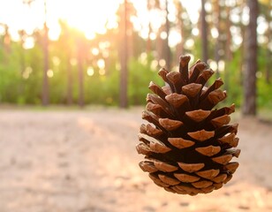 Pine cone in a sunlit forest