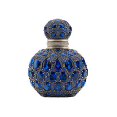 Elegant Round Sapphire Jewel Perfume Bottle with Encrusted Blue Stones, Transparent Background