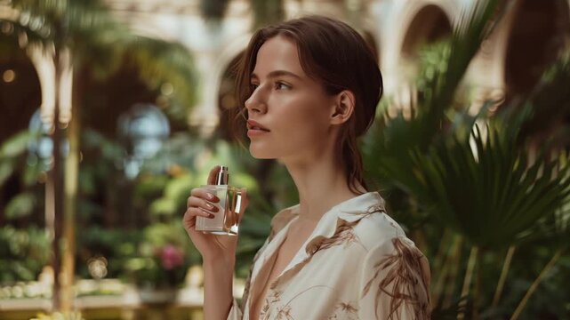 Perfume ad. Pure essence concept. Elegant woman in a tropical garden holding a perfume bottle, perfect for luxury fragrance, beauty, and lifestyle advertising campaigns