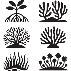 Art of set of six black silhouette icons depicting various types of aquatic plants and coral formations
