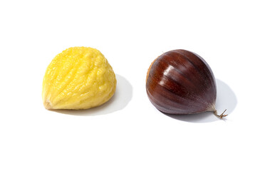 Raw and peeled sweet chestnut isolated on white background. Castanea sativa