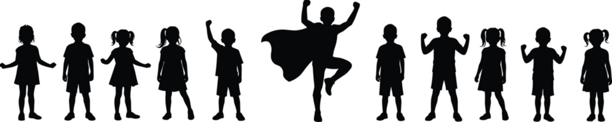 Diverse children silhouettes standing together with superhero pose,unity, imagination, playful concept, educational theme