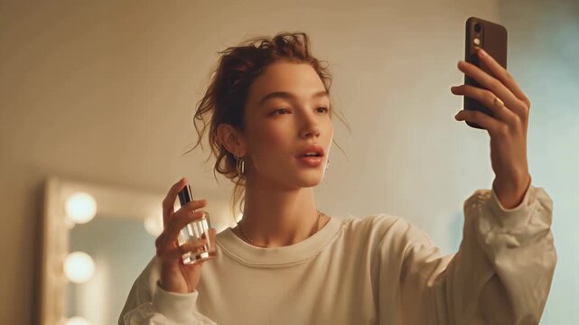 Influencer and model on hey streaming with a luxurious perfume bottle in soft light.