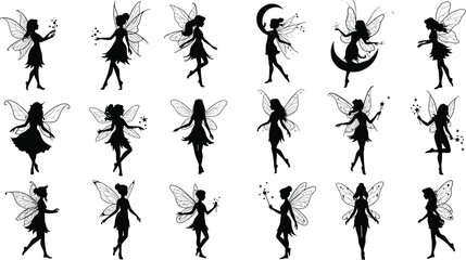 CADDiverse collection of whimsical fairy silhouettes, featuring magical winged creatures with wands and stars, perfect for enchanted children's books, fantasy designs, and charming 