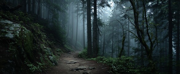 Obraz premium Dark forest at night with moonlit path and fallen leaves, mysterious woodland trail leading into eerie darkness with atmospheric beauty