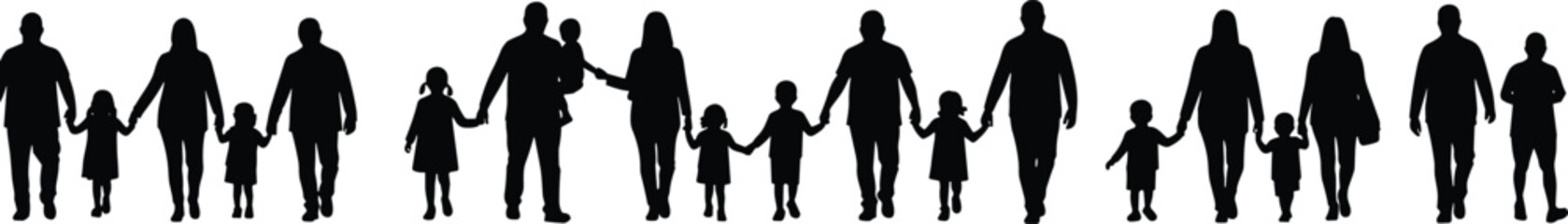 Diverse family silhouettes holding hands in unity and support, cad drawing flat vector illustration, generational bond, parenting, love, connection