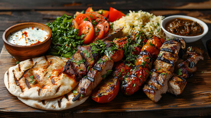 Delicious Grilled Meat Platter with Rice, Vegetables & Dips