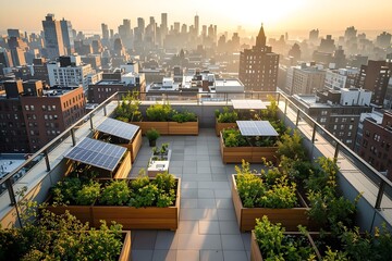 Fototapeta premium rooftop garden with solar panels overlooking urban skyline at sunrise