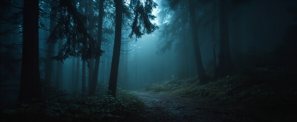 Fototapeta premium Dark forest at night with moonlit path and fallen leaves, mysterious woodland trail leading into eerie darkness with atmospheric beauty