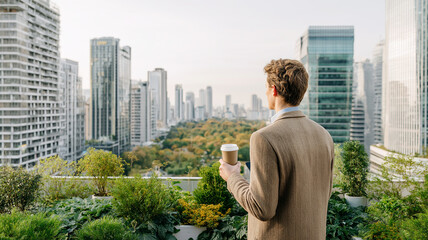 Man in suit stands on rooftop garden, holding coffee cup, overlooking city skyline with tall buildings and greenery. scene conveys sense of calm and contemplation