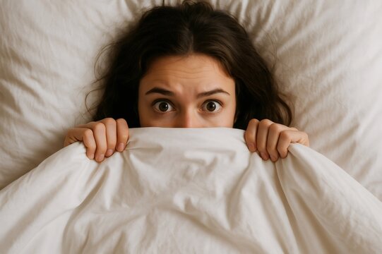 Girl hiding her face with a blanket, feeling overwhelmed by anxiety and fear while lying in bed, battling inner turmoil and distress