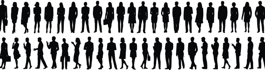 Silhouettes of Diverse Business Professionals in Walking and Talking Poses for Corporate Office, Teamwork, Career, and Presentation Concepts