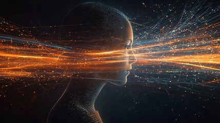 Futuristic digital woman face in profile with glowing orange and blue light streams symbolizing artificial intelligence, data flow, and virtual technology