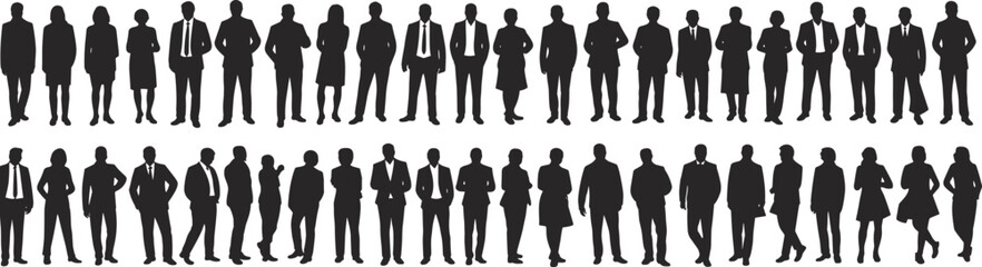 Silhouettes of Professional Business People in Standing Poses for Corporate Teamwork, Office Presentation, Career Development, and Leadership Concept Illustration