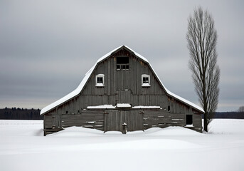 An old wooden barn stands in snowy silence, framed by a leafless tree and distant forest under a cloudy winter sky.