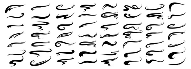 Swoosh baseball underline tails for text design. Sporty retro swashes for typography font decoration vector set.