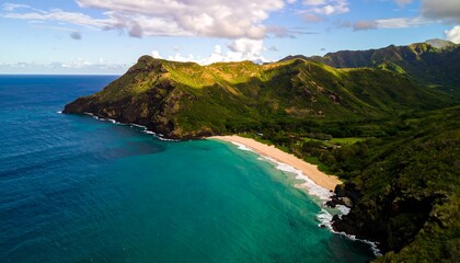 Fototapeta premium A stunning aerial view of a tropical beach nestled within a lush valley, showcasing vibrant turquoise waters and a pristine white sandy shore framed by verdant, volcanic slopes.