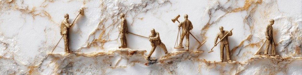 Tiny Workers on Marble Surface Sculpture Art