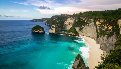 Fototapeta premium Dramatic coastal landscape showcases a secluded beach, dramatic cliffs, and vibrant turquoise water.