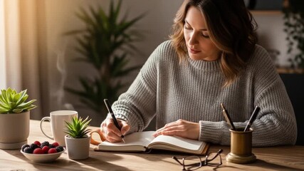 Woman writing in notebook at a desk with plants fruit and glasses