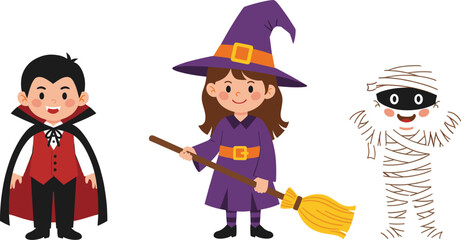 Cartoon kids in Halloween costumes of vampire, witch, and mummy, spooky character for children illustration, festive vector art design