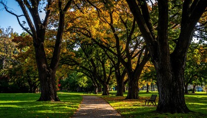Fototapeta premium Autumnal park path lined with towering trees, displaying vibrant fall foliage, casting dappled shadows on the grassy ground.