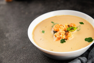 Tom kha soup shrimp, coconut milk, miso paste tasty seafood snack fresh delicious gourmet food background on the table rustic food top view copy space pescetarian diet