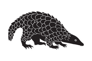 Stylized black and white illustration of a pangolin