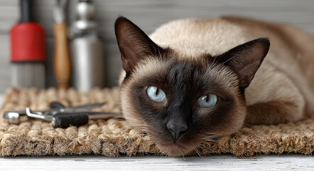 Siamese cat resting on grooming mat with tools on white surface