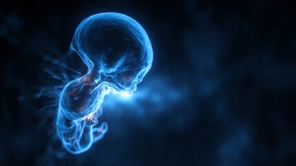 Fototapeta premium Ethereal, glowing blue fetus silhouette in a dark, swirling abstract background