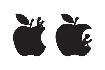 Silhouettes of children reading inside bitten apples
