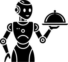 Futuristic silhouette of an intelligent service robot presenting a covered food tray, symbolizing modern automation and dining innovation
