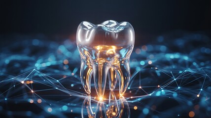 Transparent tooth with digital network and glowing lights