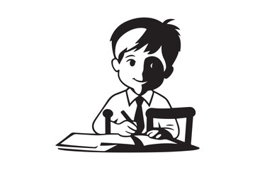 Young boy writing at a desk with a split personality