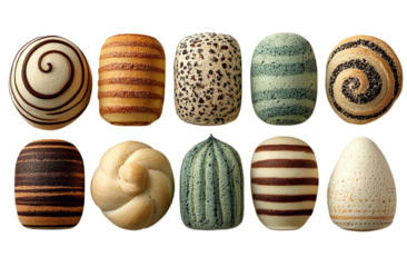 A variety of sweet pastries arranged in rows on the left side, each with striped patterns and shades of brown, beige isolated on a transparent background in PNG format.